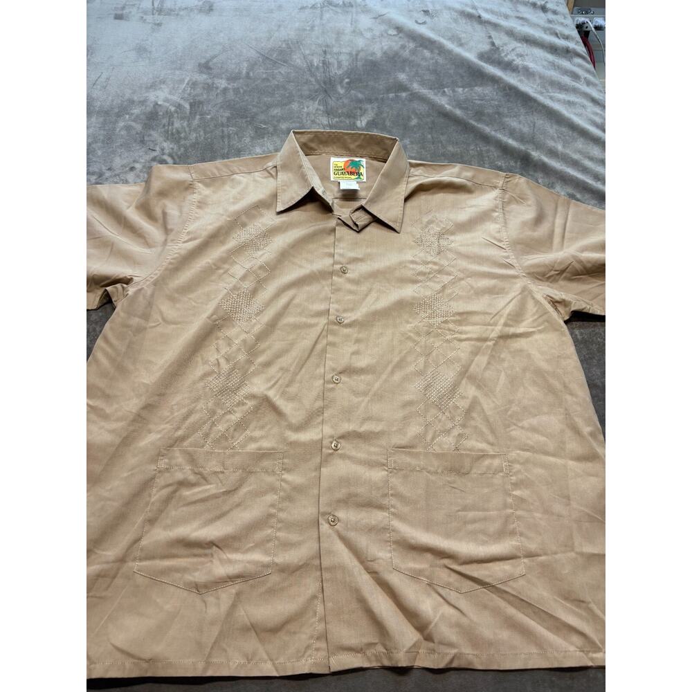 Haband Guayabera Shirt Mens Large Brown Embroidered Short‎ Sleeve